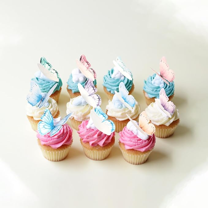 Rsstarxi 60 Pack Edible Butterfly Cupcake Toppers, Butterfly Cake Decorations Wafe Paper Birthday Party Decorations for Baby Shower Wedding Anniversary Birthday Party Decorations Multi