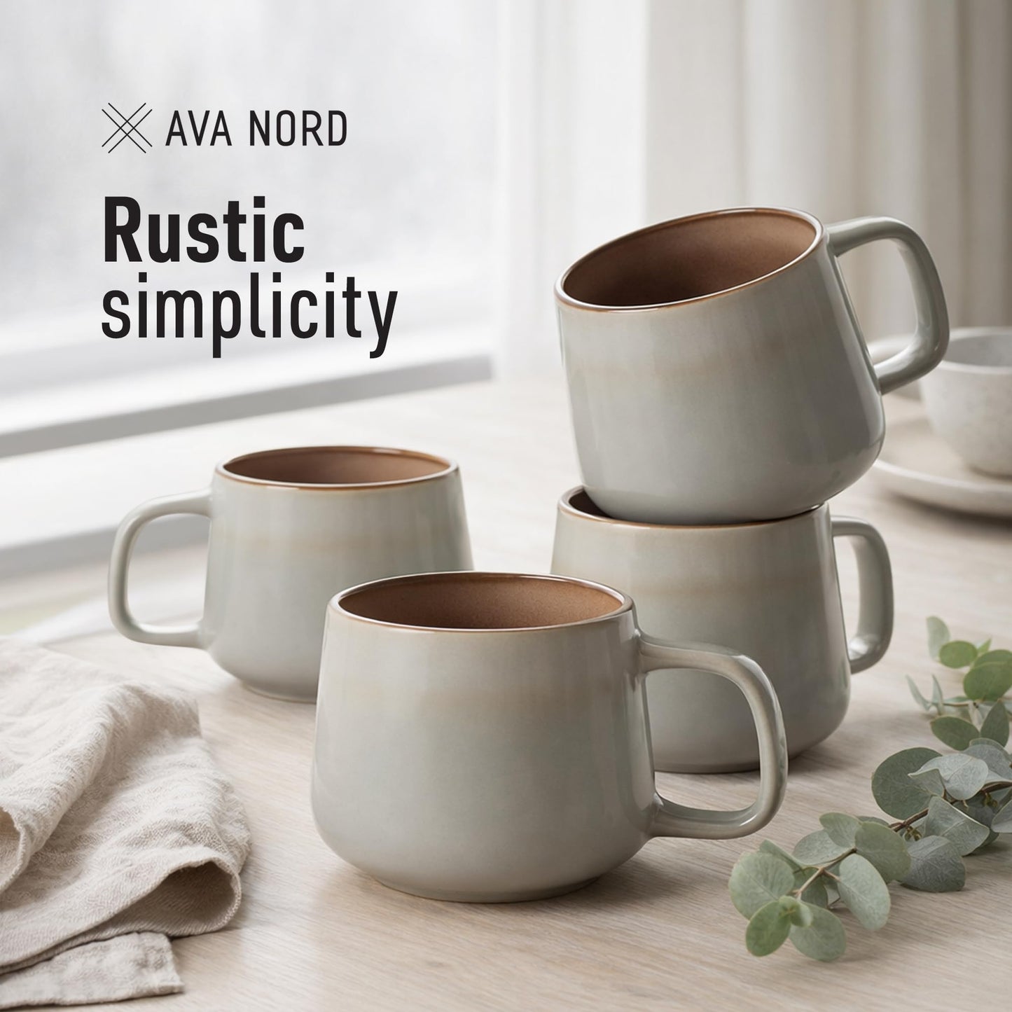 Ava Nord Stoneware Ceramic Coffee Mugs Set of 4 | 12 oz | Sage Ash