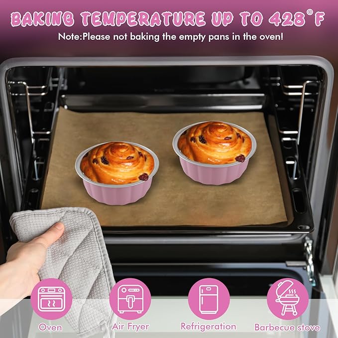 50 Pcs 8.5oz Round Mini Cake Pans with Lids and Spoons, Aluminum Foil Baking Cups, Disposable Ramekins Cupcake Muffin Tins Dessert Containers for Wedding Birthday Party Catering竊늁inkç«?,<div>