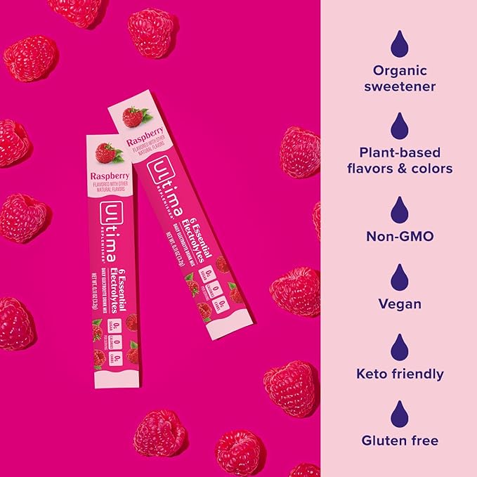 Ultima Replenisher Daily Electrolyte Powder Drink Mix ??Sugar Free ??Raspberry, 20 Stickpacks ??Hydration Packets with 6 Key Electrolytes and Trace Minerals ??Keto Friendly, Vegan, Non-GMO