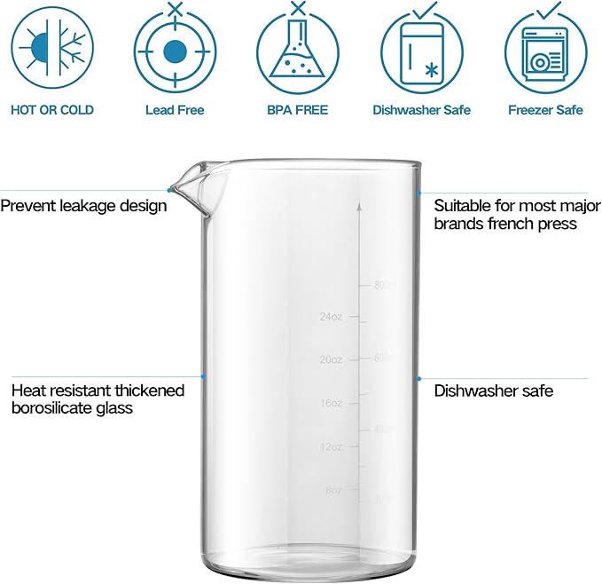 Standard Universal Design 34 oz French Press Replacement Glass Beaker, Fits Most Brands French Press Coffee Makers (1Quart / 1000ml / 5-6 Cup) Coffee Press Borosilicate Glass Bottle