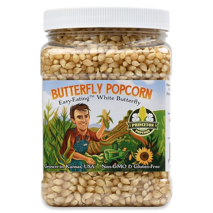 Princeton Popcorn White Butterfly Hulless Popcorn Kernels - Easy-Eating, Baby Small Tender Popping Corn, Non-GMO Popcorn Kernels, No Hulls, No Roundup, Direct from Farmer, Microwave Air Popper or Stovetop 32oz Jar