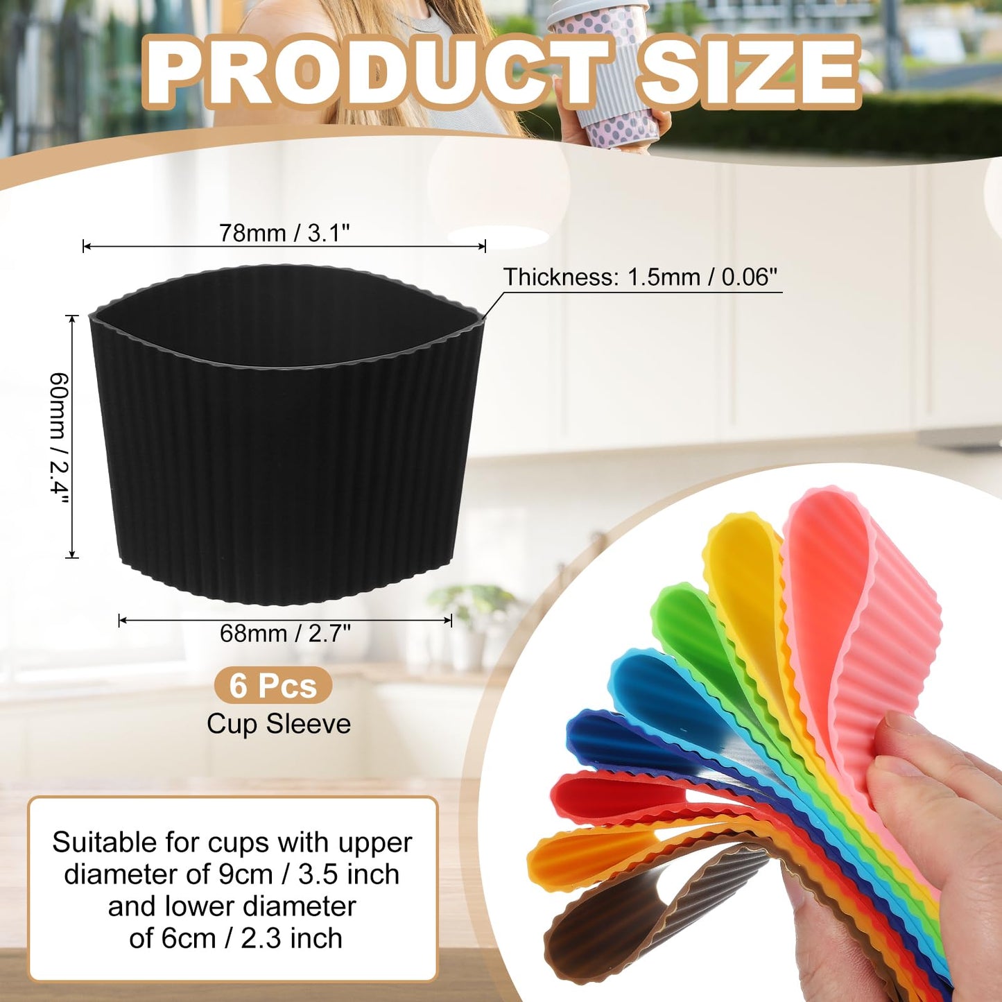 uxcell 6Pack Coffee Cup Sleeves, Reusable Silicone Heat Resistant Cup Protective Sleeve Nonslip Mug