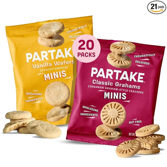 Partake Gluten Free Mini Classic Graham Crackers & Vanilla Wafer Cookies Variety Pack - Vegan - Free From the Top 9 Allergens Including Dairy, Wheat, Soy, Eggs, & Peanuts - Non GMO - Safe School & Office Snack (21 Packs, 0.67 oz)