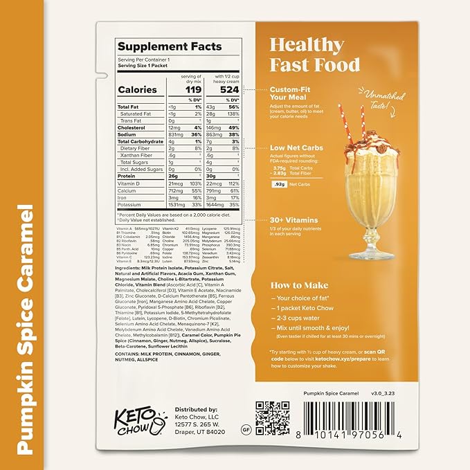 Keto Chow Pumpkin Spice Caramel | Keto Meal Replacement Shake Powder | Nutritionally Complete | Low Carb | Delicious Easy Meal Substitute | Protein Rich You Choose The Fat | 21 Meal Serving