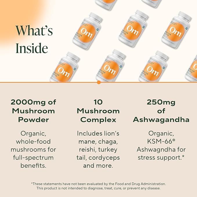 Om Master Blend Mushroom Capsules - Organic Mushroom Supplement with 10 Mushrooms and Ashwagandha ??Support Immunity, Gut Health & Stress Relief, 84 Count (28 Servings)