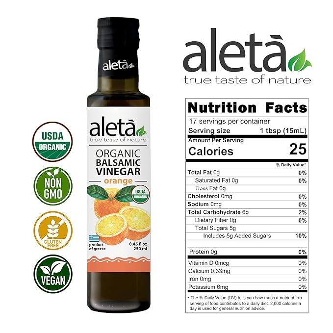 Aleta Farms Balsamic Vinegar, Greek Organic Orange Infused Aged Balsamic Vinegar, USDA Organic, Perfect for Salad Dressings, Pasta, Desserts & Cocktails, Glass Bottle, 8.45 fl oz (Orange)