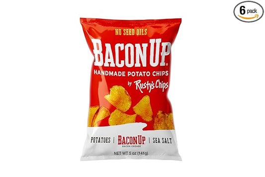 Bacon Up By Rusty's Chips, Handmade Healthy Chips, Sea Salt Potato Chips, No Seed Oils, Dairy Free Snack Pack, Gluten Free, No Preservatives, Non-GMO, 5 Ounces (6 Pack)