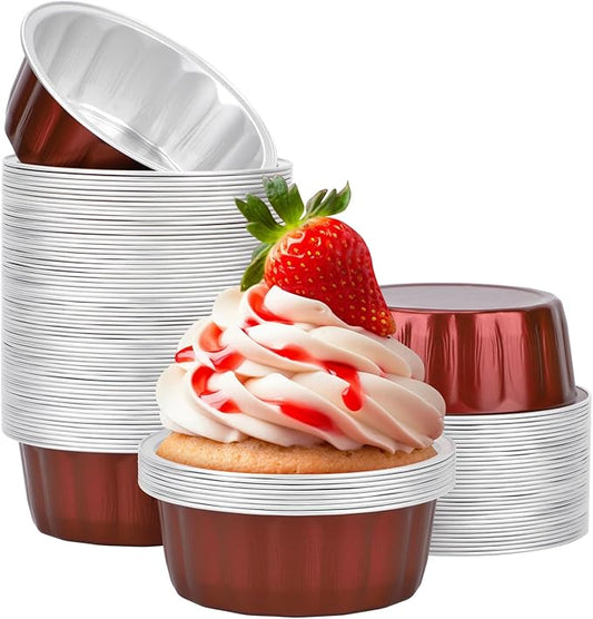 Beasea Aluminum Baking Cups, 100 Pack 8oz 235ml 3.9 Inch Wine Red Round Disposable Ramekins No Lids Foil Cups Cupcake Mini Baking Tins for Social Events Celebrations