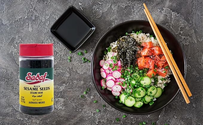 Sadaf Black Sesame Seeds - Sesame Seeds for Cooking and Food Flavoring - Spice Mediterranean Cuisine - Semillas de Ajonjoli - Kosher - 6 Oz Bottle with Shaker Top