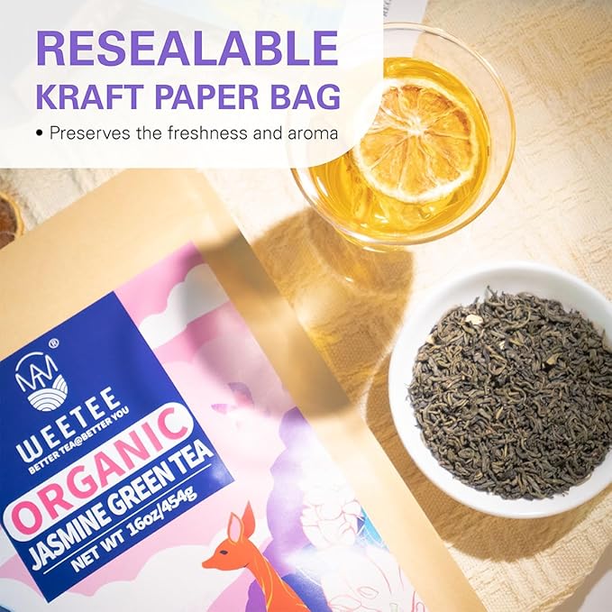 WT WEETEE Organic Jasmine Green Tea Loose Leaf, Organic Green Tea Scented with Jasmine Blossoms, No Artificial Flavors, 16 Ounce, Great Natural Energy Source