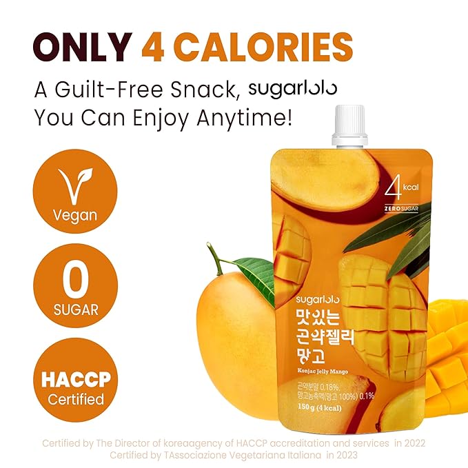 Sugarlolo Konjac Sweet Mango Jelly Snack - Vegan Jello with Zero Sugar | Only 4 Calories per Pouch | Low Calorie Korean Snacks5.29 Oz (150g) | 10 Pack