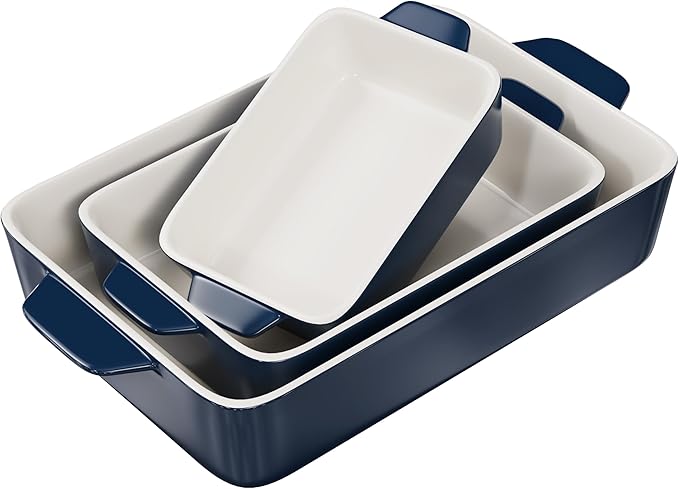 Kook Casserole Dish, Ceramic Baking Dish, Large Lasagna Pan Deep for Oven, 8.5 x 14, 11 x 7, 8 x 5, Set of 3, 92oz, 50oz, 20oz, Baking Pan with Handles, Oven Safe and Durable, Home, Gift, (Navy)