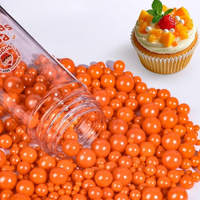 Edible Orange Pearls Sprinkles,Fall and Halloween Harvest Pearl Sugar Sprinkles,Mix Size,130g/4.58oz,Baking Edible Cake Decorations,Pastel Decorating,Cupcake Toppers,Cookie Decorating Donuts Ice Cream Toppings,Wedding Party Christmas Supplies