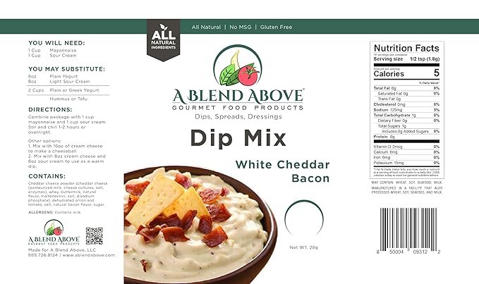 A Blend Above White Cheddar Bacon Dip Mix Mixed Seasonings Packet, 1 oz (3 Pack), Gluten-Free, No MSG, All Natural, No Preservatives, Vegetable Dip, Keto Friendly, Low Carb, Easy to Make