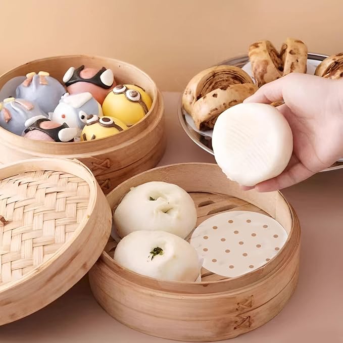 200pcs Air Fryer Liners, 5 inches Bamboo Steamer Liners, Premium Perforated Parchment Steaming Papers, Non-stick Steamer Mat Liner for Air Fryers Baking Cooking Oven