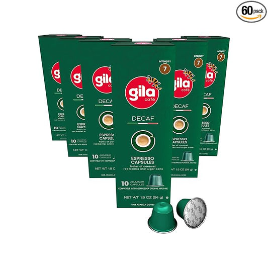 GILA Café Decaf Aluminum Coffee Capsules – Dark Roast Espresso Pods Compatible with Nespresso Original Machines – 100% Arabica, Naturally Water-Processed, 60 Count