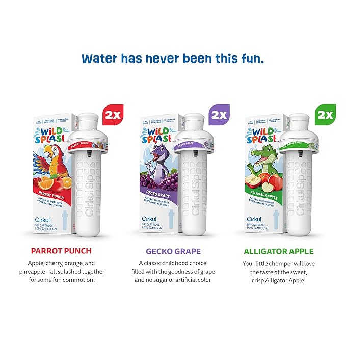 Cirkul Wild Splash Flavor Cartridge Variety Pack with Stevia, 6-Pack (2 Parrot Punch, 2 Alligator Apple, 2 Gecko Grape), No Sugar, Zero Calorie Drink Mix