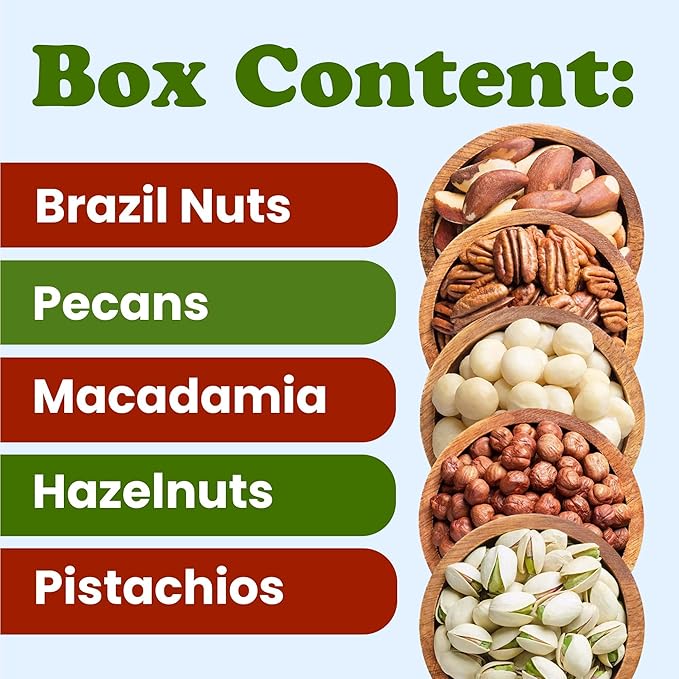 Food to Live - Organic Delicious Nuts in a Gift Box - A Variety Pack of Pecans, Hazelnuts, Brazil Nuts, Macadamia Nuts, and Roasted & Salted Pistachios