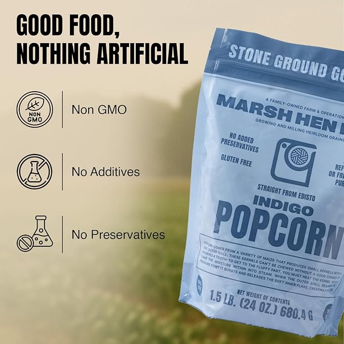 Marsh Hen Mill Indigo Popcorn Kernels | Vibrant Blue Kernels That Pop into Crisp White Flakes | Gluten-Free & Non-GMO | Healthy Snack for Gourmet Popcorn Lovers ??24 oz Bag (Pack of 1)