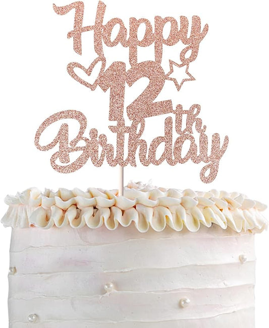 1 Pack Happy 12th Birthday Cake Topper Glitter Heart Star 12 Fabulous Cake Pick Birthday Sign Cake Decorations for Children 12th Birthday Theme Party Supplies Rose Gold