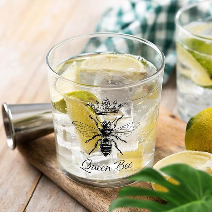 Voatok Vintage Queen Bee Whiskey Glasses 10 oz, Queen Bee Themed Gifts for Women Lovers, Old Fashioned Rocks Glasses for Women Drinking Scotch Bourbon Cocktail Liquor Vodka