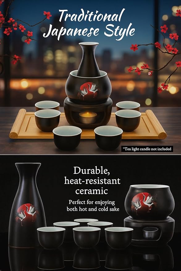 Japanese Sake Cup Set with 6 Ceramic Cups, 1 Ceramic Sake Bottle, 1 Ceramic Sake Warmer, Bamboo Tray, and Cloth Carrying Case - Perfect Hot Sake Set for Authentic Japanese Experience (Black/White)