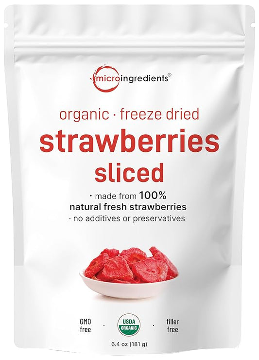 Micro Ingredients Organic Strawberries Sliced, 6.4oz | 100% Natural Fruit | Freeze Dried Strawberry Source | No Sugar & Additives | Healthy Snack & Topping for Beverages or Recipes | Non-GMO, Vegan
