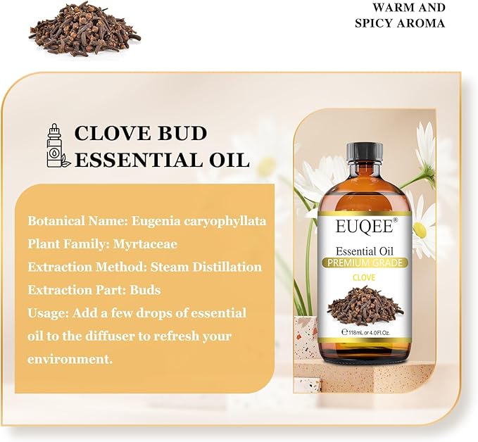 Clove Essential Oil Large Capacity (4 oz/118 ml) Premium Clove Bud Oil - with Glass Dropper, Great for Diffusers, DIY Candle e & Soap Making