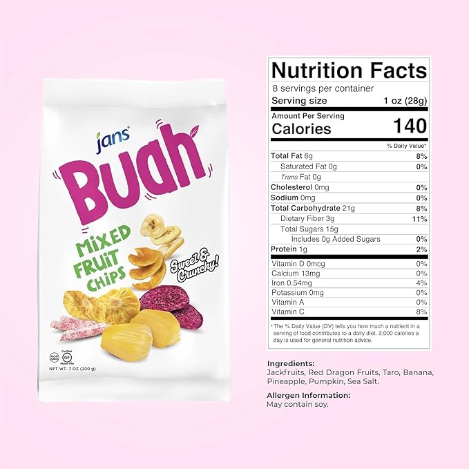 Jans Buah Mixed Fruit Chips, 7 Oz (Pack of 6 ) Tropical Mix of Red Dragonfruit, Pineapple, Banana, Jackfruit, Taro, Pumpkin Chips Experience Real Fruit, Gluten-Free, Sweet & Crunchy, Ready-to-Eat, Perfect for Anytime Snacking