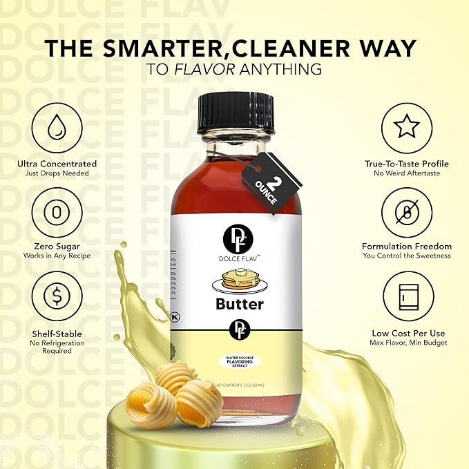 Dolce Flav Butter Extract ??2 Ounce Water-Soluble Kosher, Sugar-Free, Concentrated Imitation Butter Flavor for Baking, Cookies & Frostings, Includes Measured Dropper