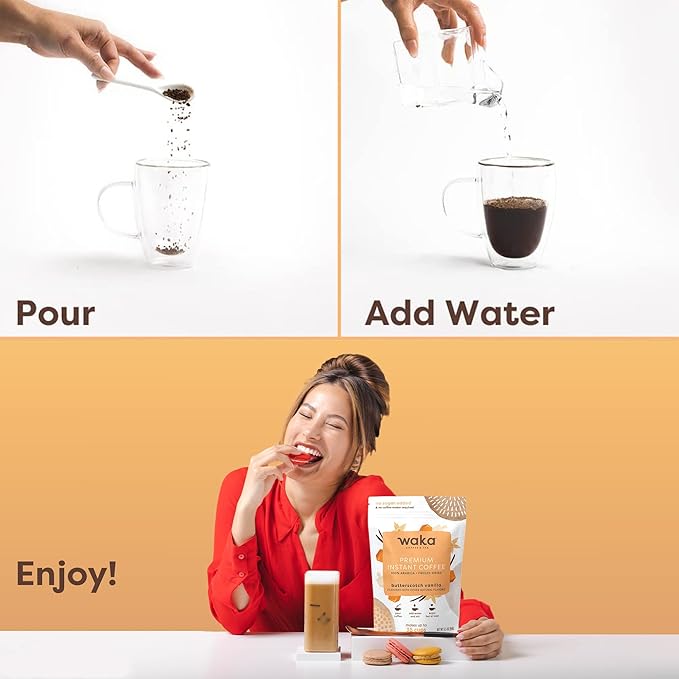 Waka Premium Instant Coffee — Butterscotch Vanilla Flavored — 100% Arabica Freeze Dried Beans — For Hot or Iced Coffee (3.5 Ounces Pouch)