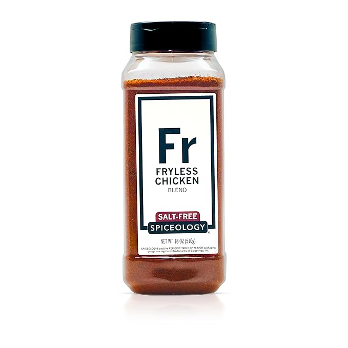 Spiceology ??Fryless Chicken Salt-Free Seasoning ??Bold Blend of Garlic, Mustard Seed, Celery Seed & Paprika ??Perfect for Chicken, Seafood, Vegetables & More ??18 oz