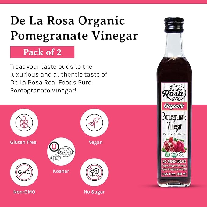De La Rosa Organic Pomegranate Vinegar, Pure & Unfiltered, Vegan, Gluten Free & Kosher, Great for Salad Dressing, Marinades, 100% Pure Pomegranate Vinegar 16.9 Oz (pack of 1)