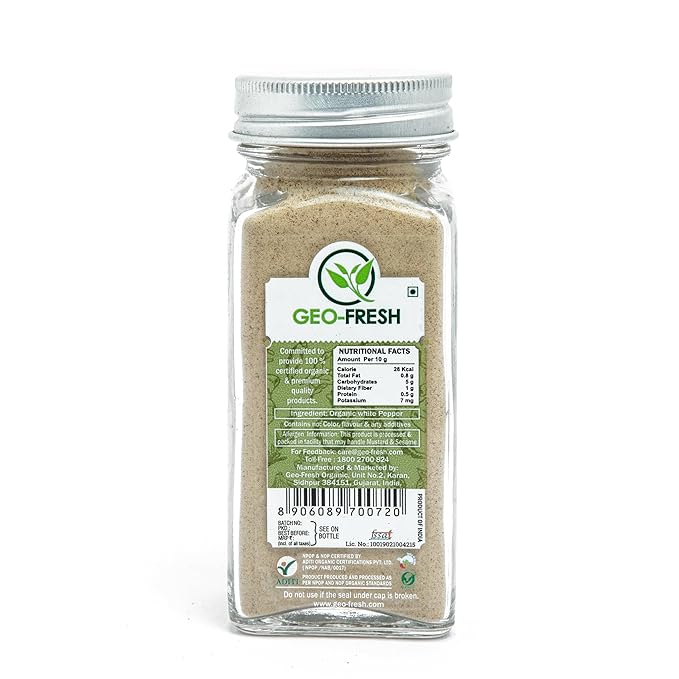 Geo-Fresh Organic White Pepper Ground ??1.94 oz Glass Jar ??White Pepper Powder ??USDA Certified, Non-GMO, Kosher, Gluten-Free ??Premium Organic Spice for Cooking & Seasoning