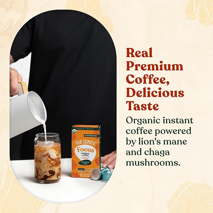 Four Sigmatic Focus Coffee Pods Compatible with Nespresso Original | Organic Dark Roast Espresso with Added Focus | Mushroom Coffee Enhanced with Lion's Mane | Original Dark Roast 10ct