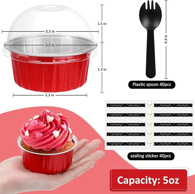 Mini Cake Pans with Lids and Spoons (40 Pack,Mixed,5oz) Round Disposable Ramekins - Sturdy Aluminum Foil Cupcake Liners with Lids for Dessert and Party