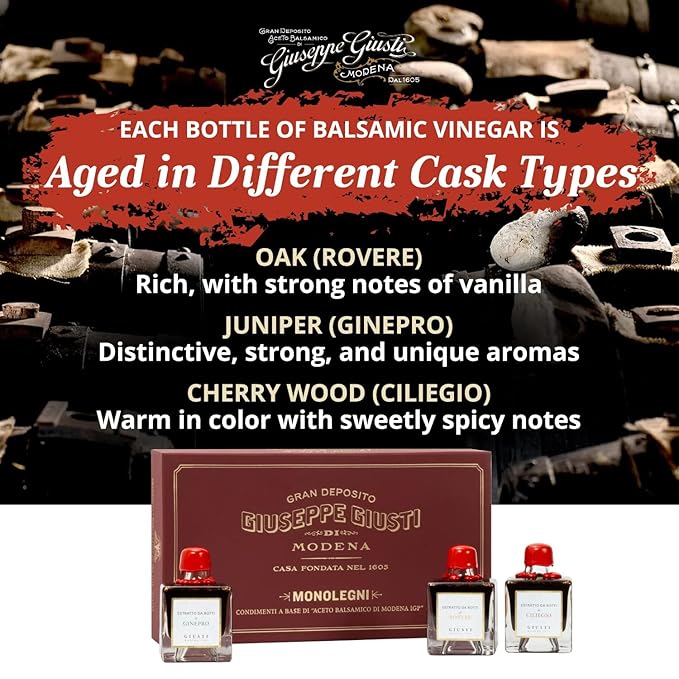 Giusti Italian Balsamic Vinegar Gift Set ??Gourmet Collection of 3 Aceto Balsamico di Modena-Based Condiments, Matured in Single Wood Barrels: Oak, Juniper, and Cherry - 3 x 1.69 fl oz (3 x 50 ml)