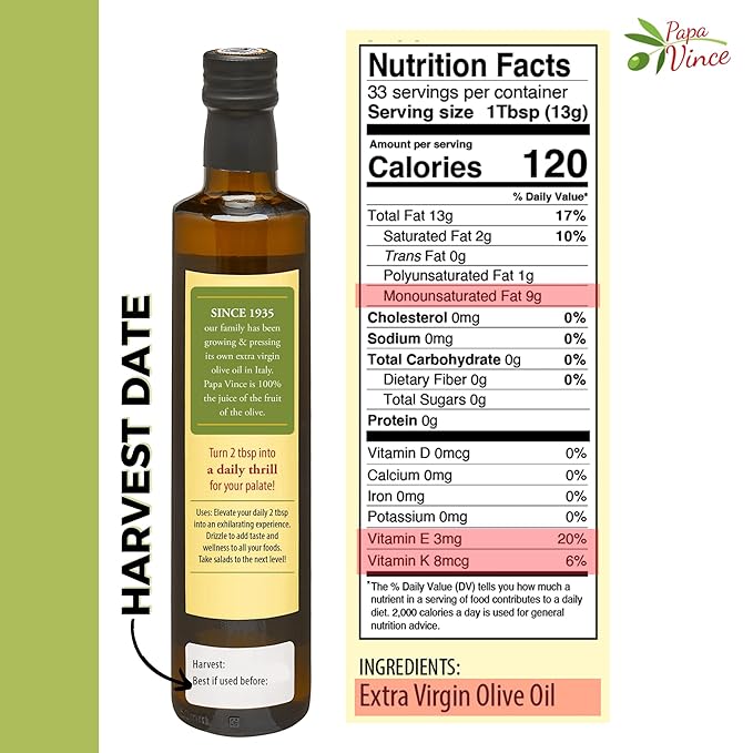 Papa Vince Olive Oil Extra Virgin - First Cold Press Family Harvest 2024/25, Polyphenol Rich, Subtle Peppery Finish, Unrefined, High in Monounsaturated Fat, No Pesticides, No GMO, Sicily, Italy