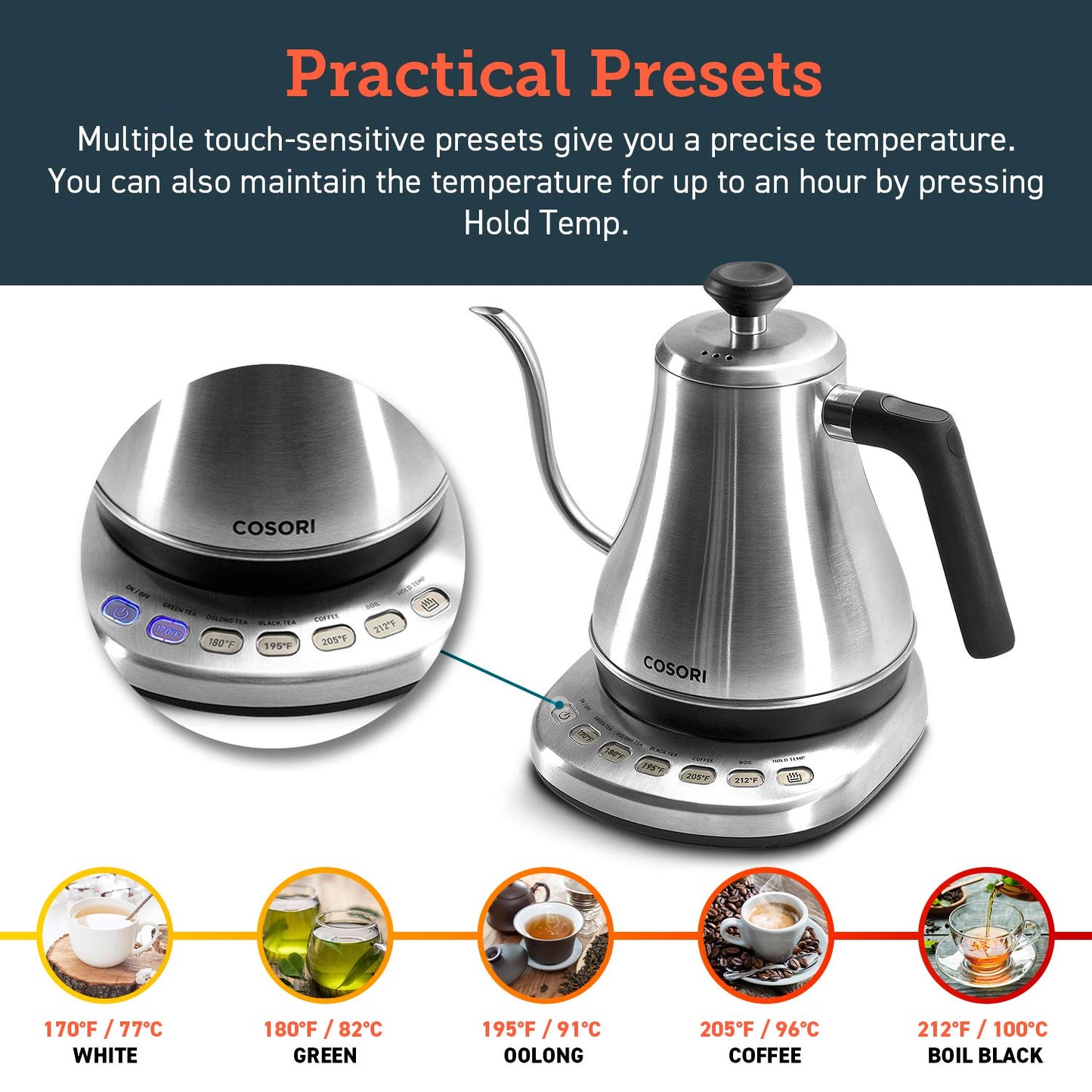 Cosori Gooseneck Electric Kettle with Temperature Control, 0.8L, Silver