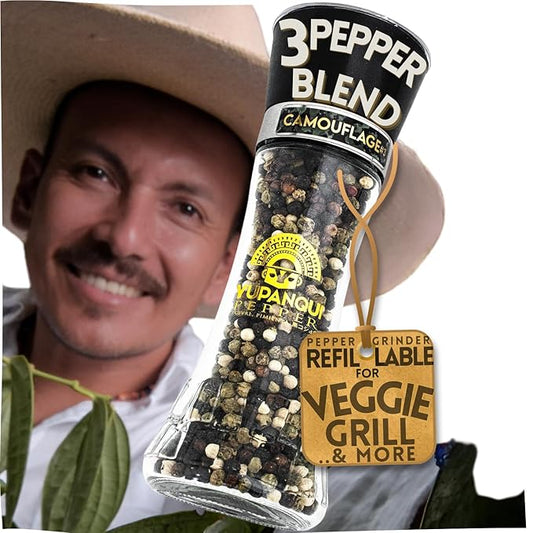 Yupanqui Peppercorn Medley Grinder FOR VEGGIE GRILL 3.5oz, Refillable Pepper Grinder Manual with Organic Peppercorns Mix of Tri Color Peppercorns Whole CAMOUFLAGE