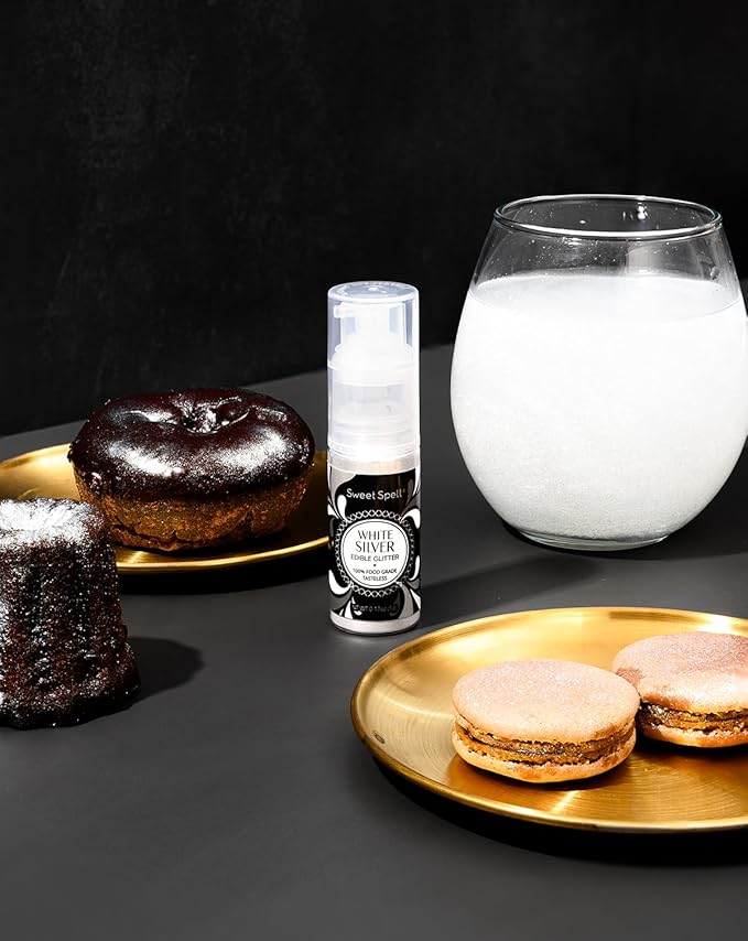 Sweet Spell Edible Cake Glitter Spray ??Shimmering Magic for Cakes Decorating & Cocktails ??100% Edible, Food-Grade, Vegan, Gluten-Free (White Silver)