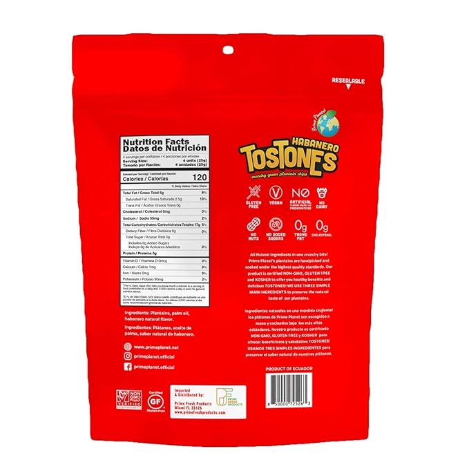 TOSTONES, Green Plantains, Re-Sealable Bag, Crunchy chips, Plantains, Palm Oil and Salt, 3.53 Oz per Unit, 3.53 Oz per Unit, HABANERO Flavored, 5 Pack,