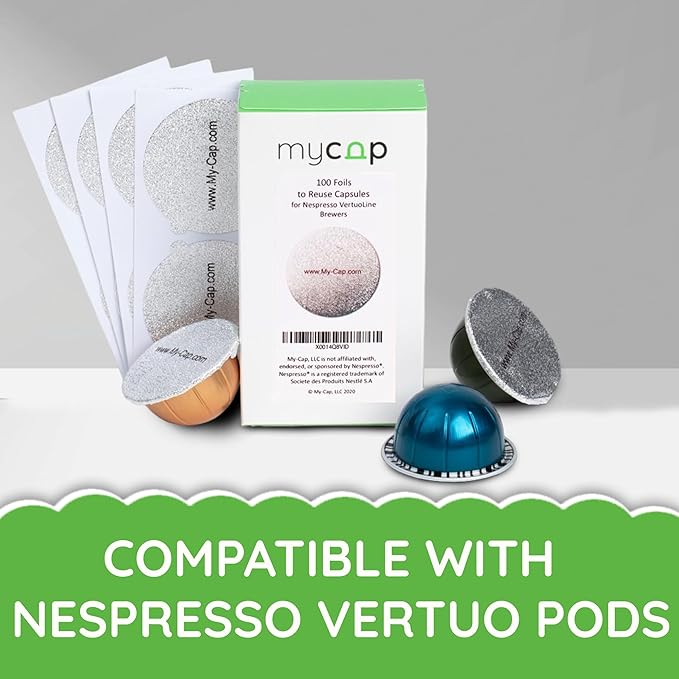 My-Cap Foil Seals for Nespresso Vertuo Pods - Reusable Aluminum Lids to Extend Life of Nespresso VertuoLine Capsules (Pack of 100)