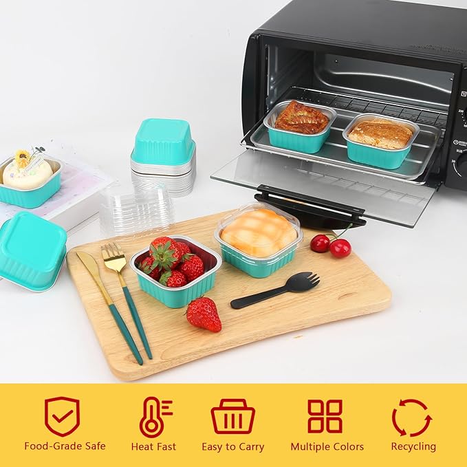 120pack 5oz Mini Cake Pans with Lids,LNYZQUS Aluminum Foil Cupcake Baking Cups Muffin Tin,Disposable Ramekins Small Cake Mini Brownie Baking Pan Cheesecake Containers -Cyan Blue