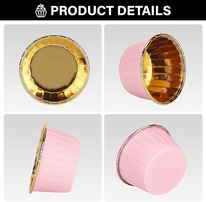 EUSOAR Cupcake Liners, 50pcs 3.5oz Aluminum Foil Wrappers Muffin Cupcake Containers, Disposable Dessert Ramekins Paper Baking Cups Mini Cheesecakes Holders for Birthday Wedding Party-Pink/Gold