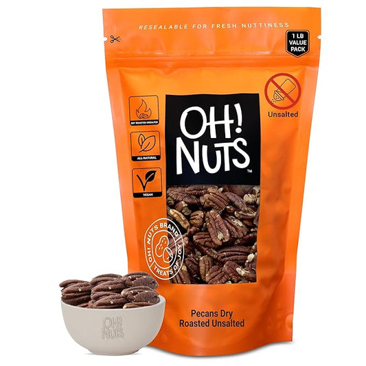 Oh! Nuts Pecans Dry Roasted Unsalted - Kosher, Oil-Free, All Natural Pecans - For Baking, Snacks, Salad, Dressing - Packed in 1 LB Resealable Bulk Bag