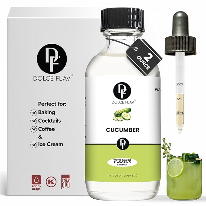 Dolce Flav Natural Cucumber Extract, Water Soluble ??2 oz | Authentic Cucumber Flavoring for Beverages, Cocktails, Syrups, and Culinary Creations ??Sugar Free, Kosher, Allergen Free