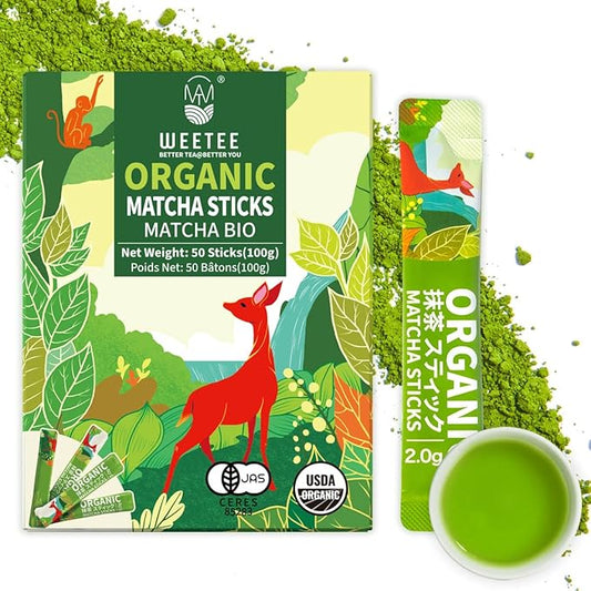 WT WEETEE Organic Matcha Green Tea Powder To-Go Travel Sticks, Organic Unsweetened Matcha Powder 50 Count (2g Each), Highly Caffeinated Energy-Boosting