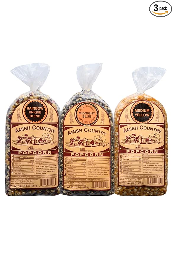 Amish Country Popcorn | 3-1 lb Bags | Variety Set | Midnight Blue, Rainbow, & Medium Yellow Popcorn Kernels | Old Fashioned, Non-GMO and Gluten Free (3-1 lb Bags)